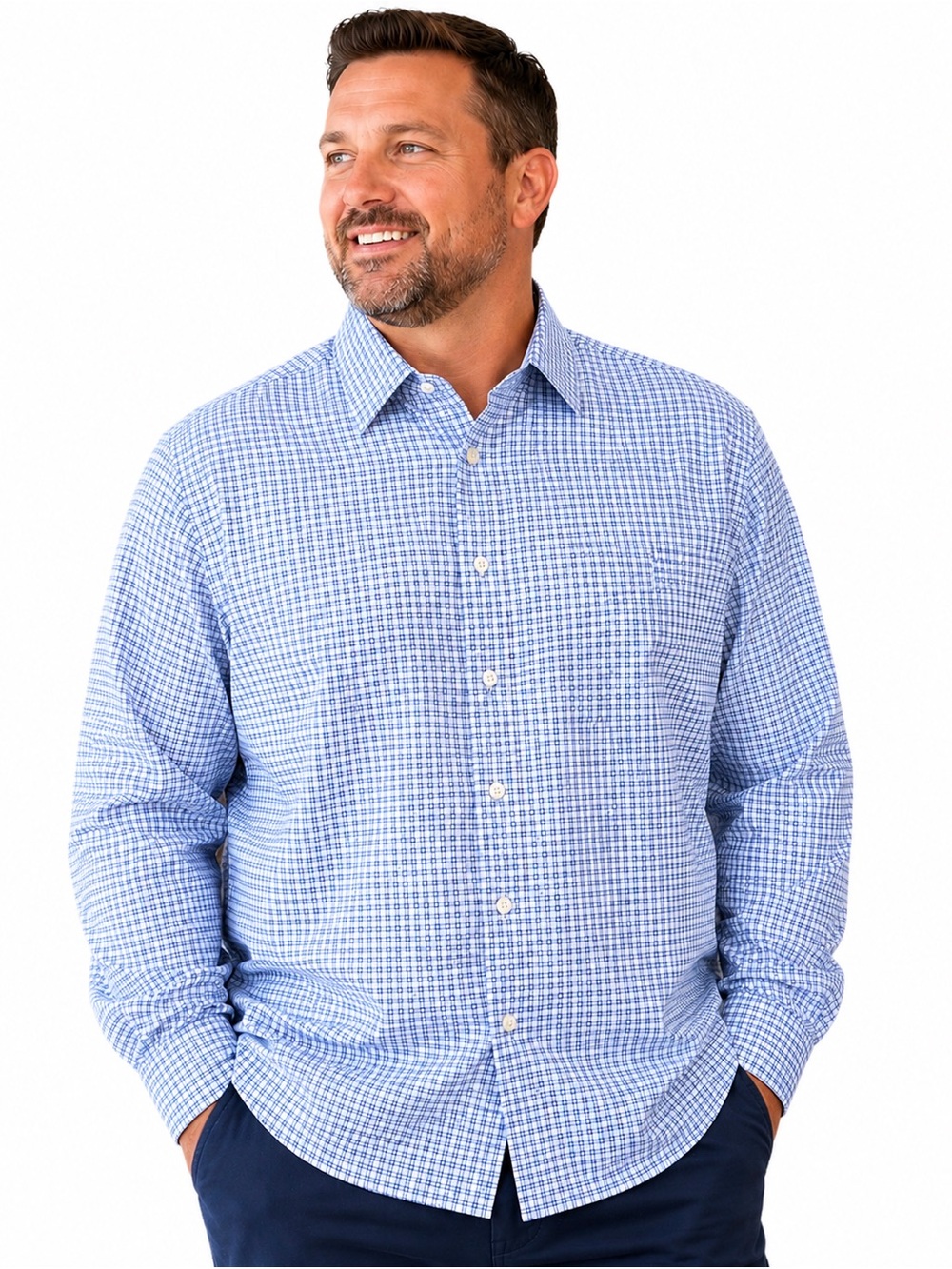 Rochester Men's Blue Micro-Check Long-Sleeve Dress Shirt